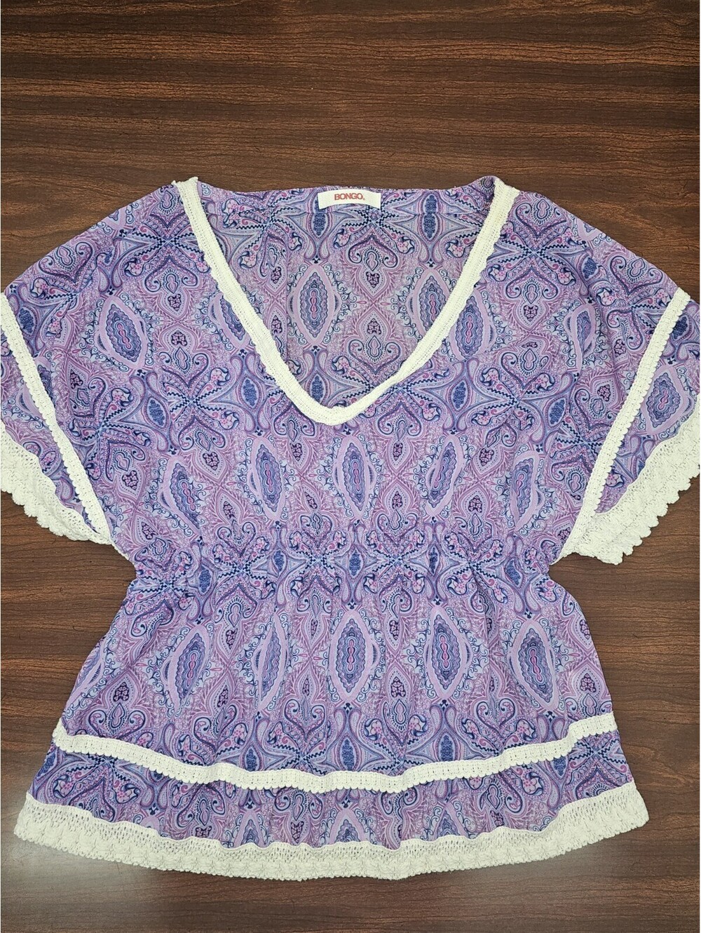 BONGO Juniors Purple Paisley Boho Peplum Top with Crochet Trim Large Cottagecore